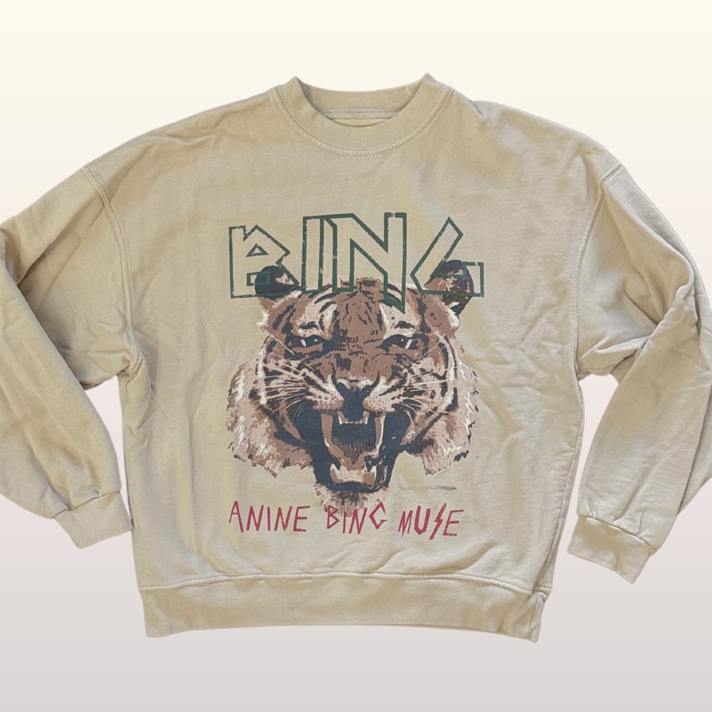 NEW Anine Bing Jyl Tiger Sweatshirt Large Sand Oversized Graphic Pullover